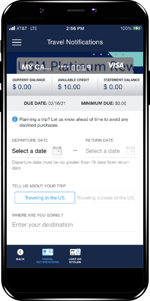 Travel Notifications in Credit Card App