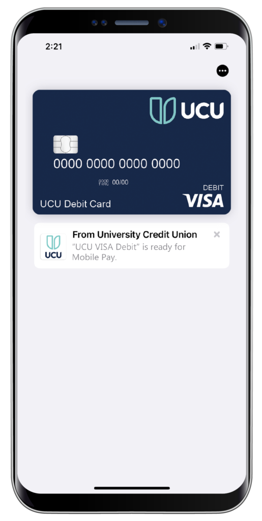 UCU debit card shown in digital wallet on a mobile device.