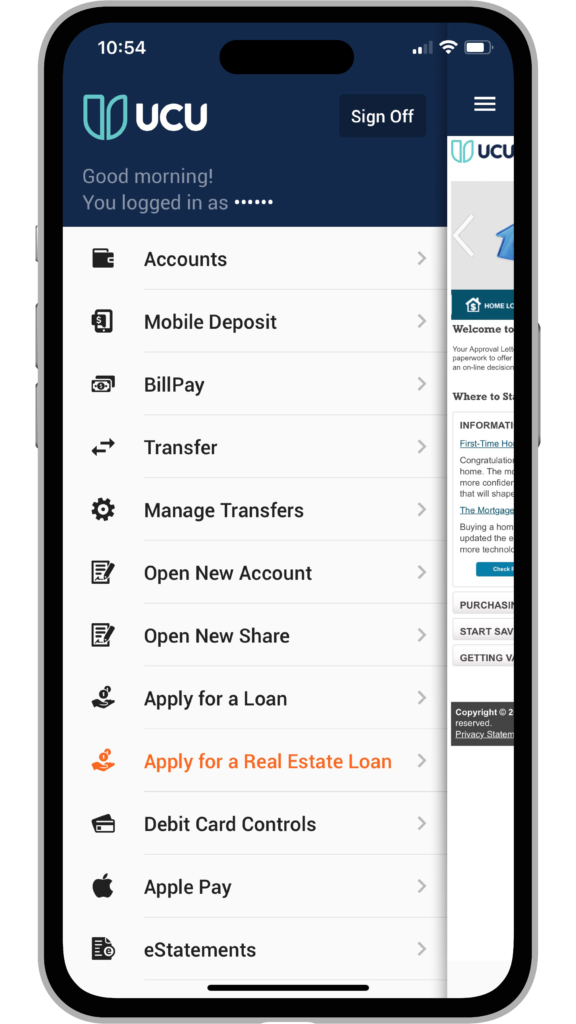 Apply for a Real Estate Loan from the main menu of the Mobile App.