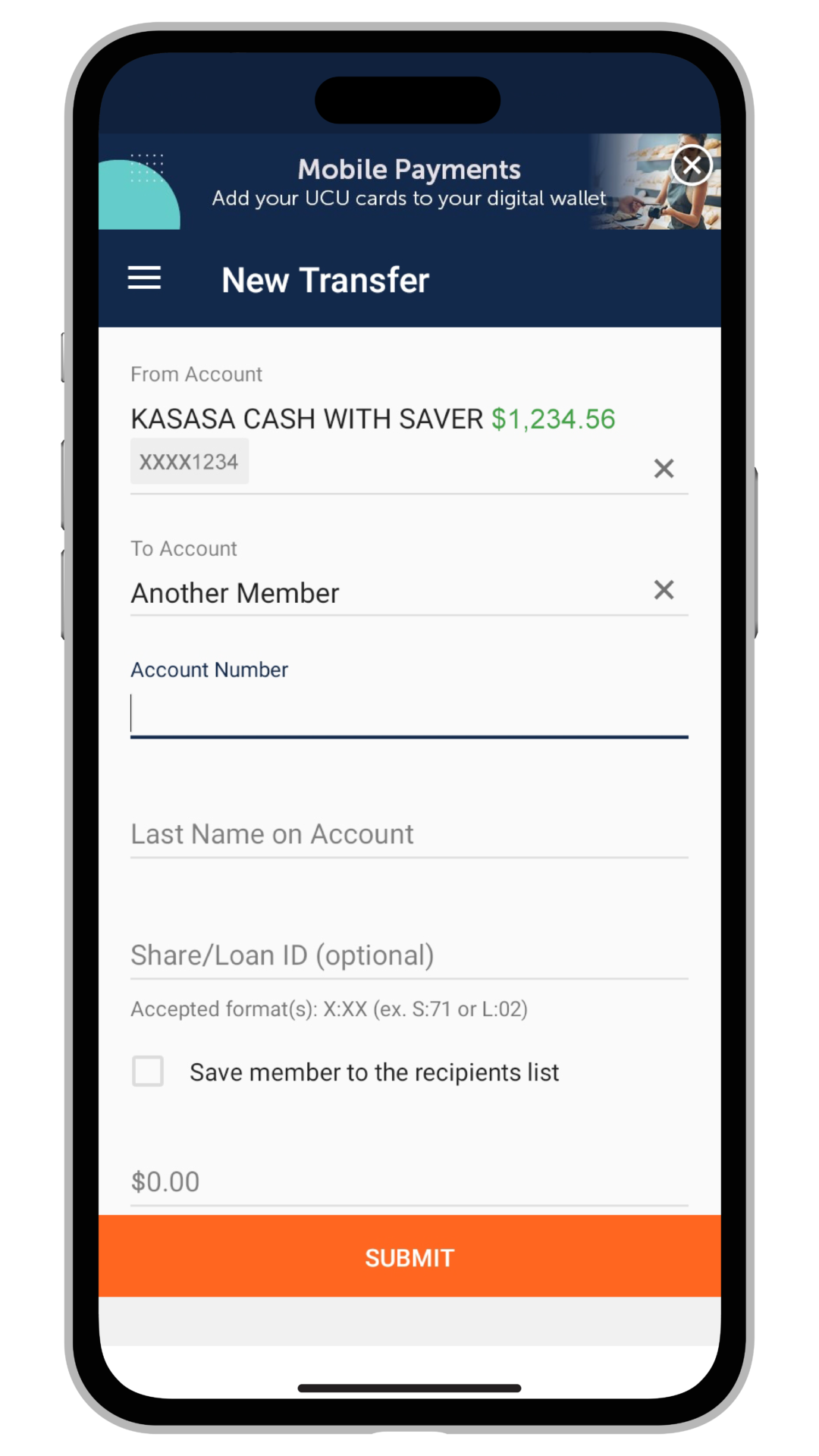Making a transfer to another UCU member on the Mobile App.
