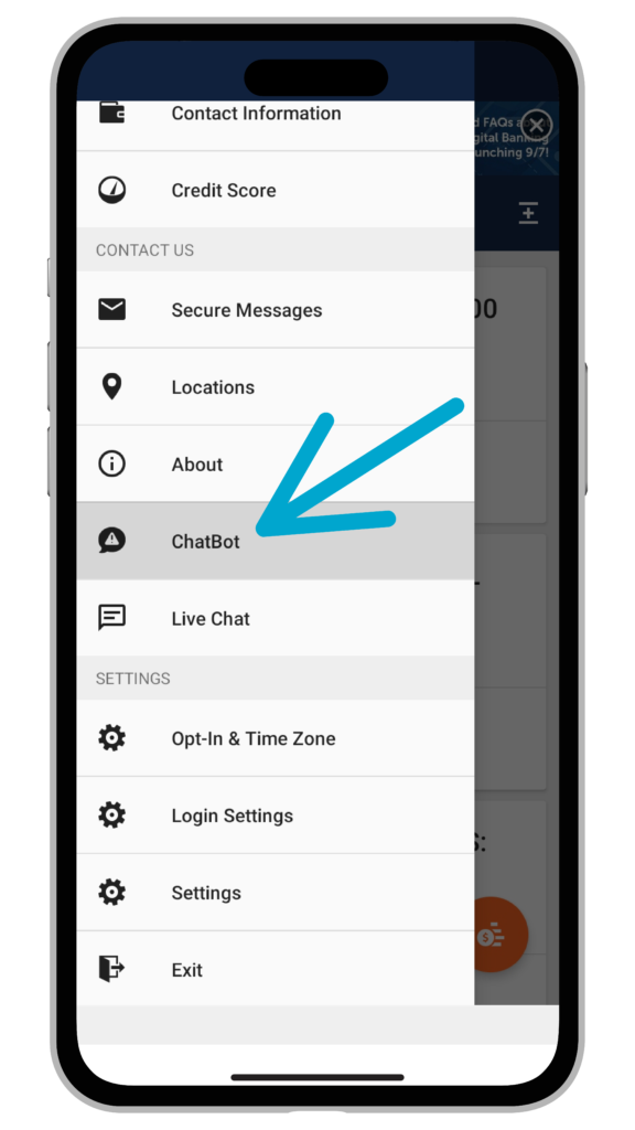Where to locate the chat bot within the Mobile App.