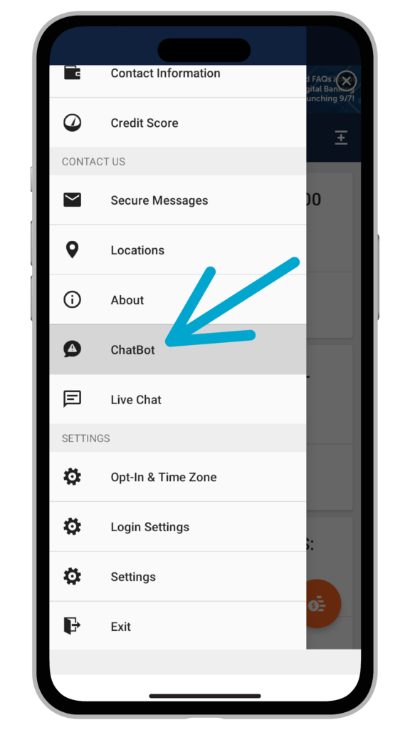 Where to locate the chat bot within the Mobile App.