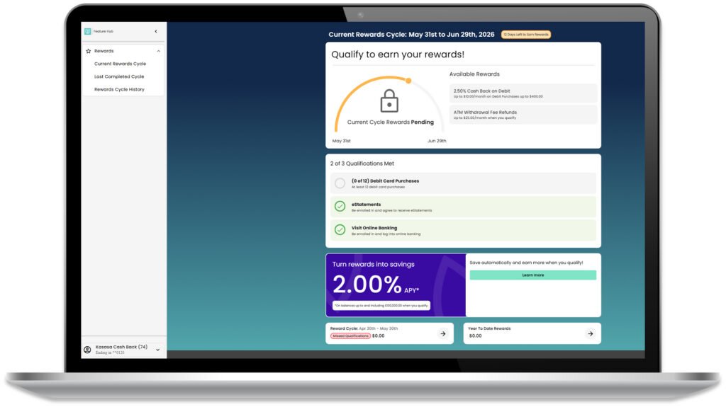 Kasasa Rewards dashboard on desktop.